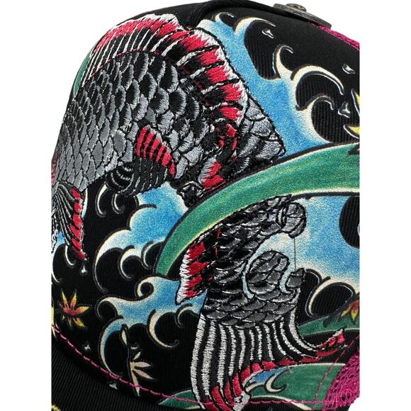 Ed Hardy Trucker Hat Embroidered Tattoo Koi Fish Black/Purple Mesh Snapback Cap - Picture 4 of 7